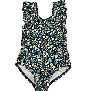 Polarn O. Pyret Floral Ruffle One-Piece Swimsuit - Black, Teal, Yellow, White